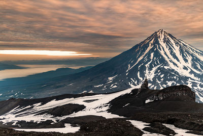 Scenic view of snowcapped mountains against sky during sunset