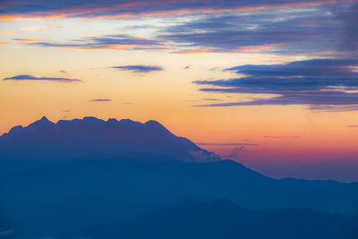 Scenic view of mountains against sky during sunset