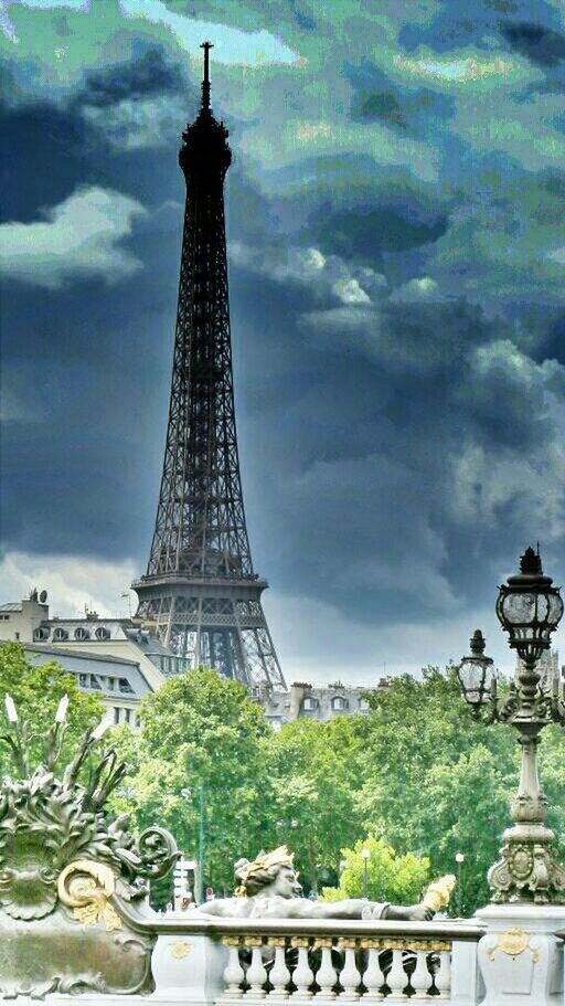 architecture, built structure, eiffel tower, international landmark, famous place, sky, tower, travel destinations, metal, tourism, culture, capital cities, travel, history, tall - high, tree, building exterior, low angle view, cloud - sky, metallic