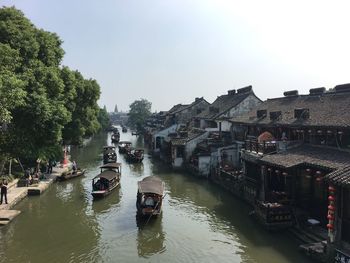 High angle view of boats moored in river