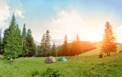 Tent on field against sky