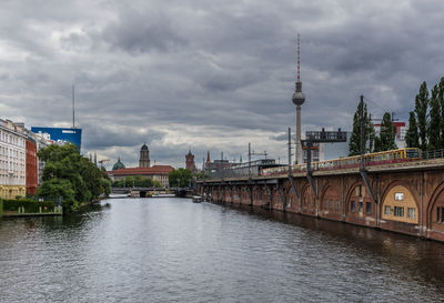 Bridge over river with buildings in background