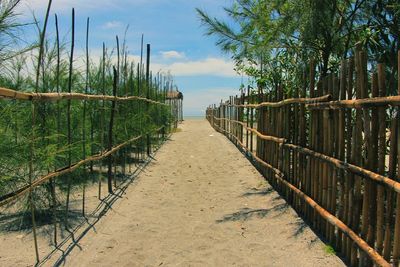 Walkway by sea against sky