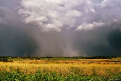 Scenic view of field against cloudy sky