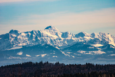 Scenic view of snowcapped mountains against sky