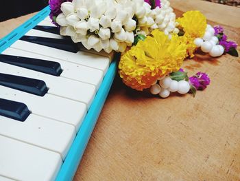 High angle view of various flowers on table