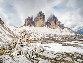 Tre cime di lavaredo or drei zinnen, spring tour around at sunset, dolomite alps, italy, europe