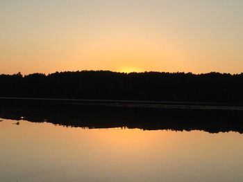 Reflection of trees in water at sunset