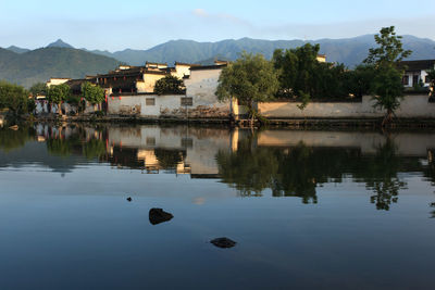 Scenic view of lake with mountains in background