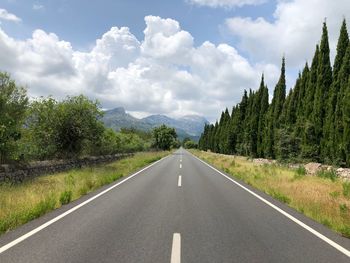 Empty road along trees and plants against sky