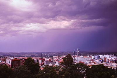 High angle view of buildings in city against sky