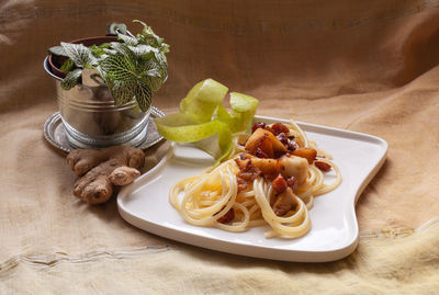 High angle view of meal served on table