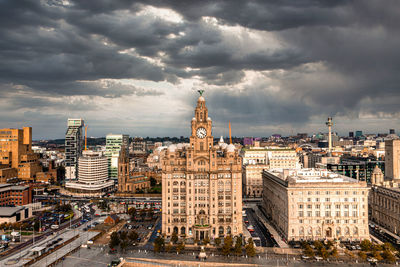 Aerial close up of the tower of the royal liver building in liverpool