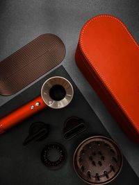 High angle view of camera on table