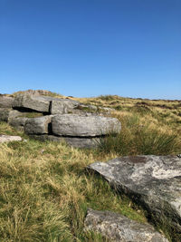 Scenic view of land against clear blue sky