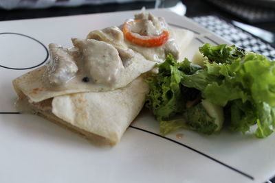 High angle view of food in plate on table