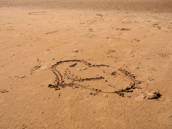 High angle view of text on sand at beach