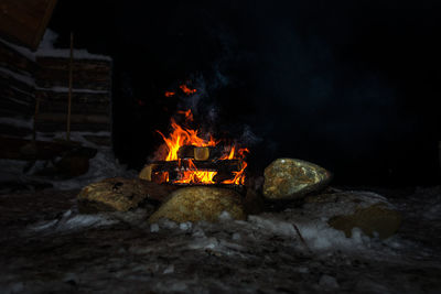 Fire hydrant on rock at night