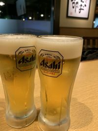 Close-up of beer in glass on table