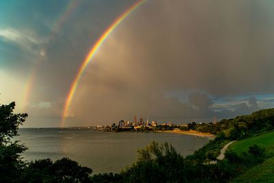 Scenic view of rainbow over sea against sky