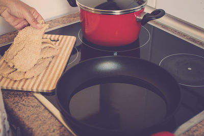 High angle view of person preparing food in kitchen