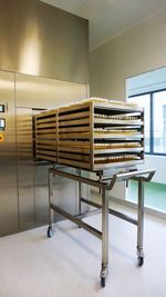 View of empty benches on table