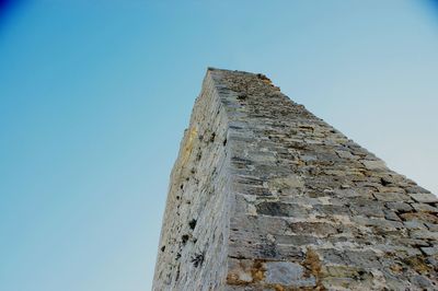 Low angle view of castle against clear blue sky