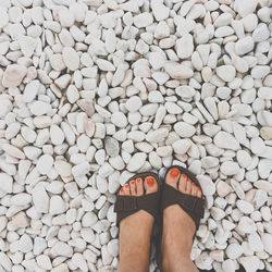 Low section of woman standing on white stones