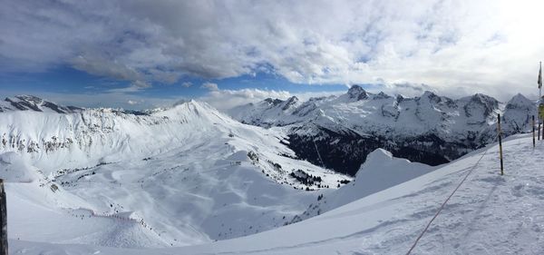 Scenic view of snowcapped mountains against sky