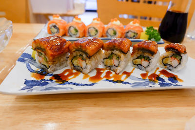 Close-up of food served on table