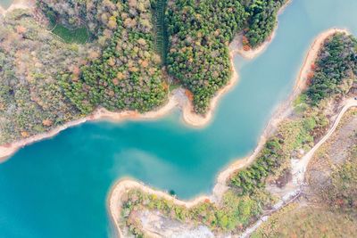 High angle view of bay against clear sky