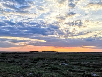 Scenic view of field against sky during sunset