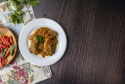 High angle view of food in plate on table