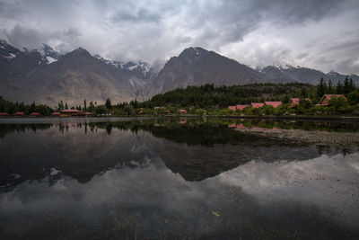 Scenic view of lake by mountains against sky