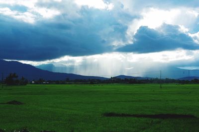 Scenic view of grassy field against cloudy sky