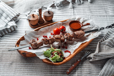 High angle view of dessert on table