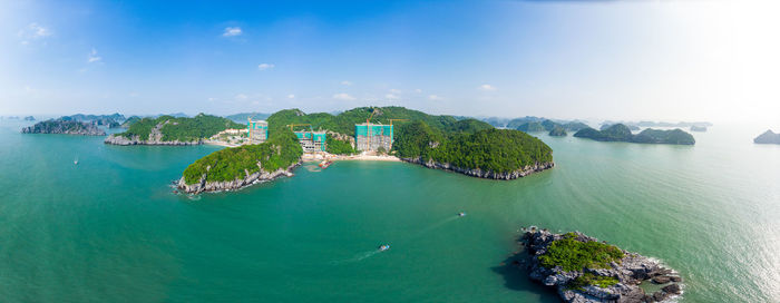 High angle view of bay against sky