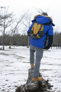 Rear view of person standing on snow covered land