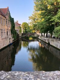 Canal amidst trees and buildings against sky