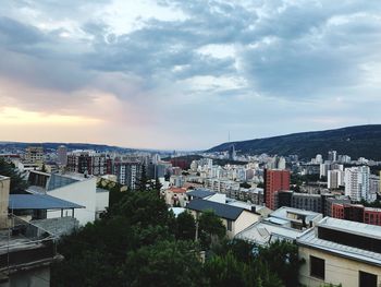 High angle view of buildings against sky