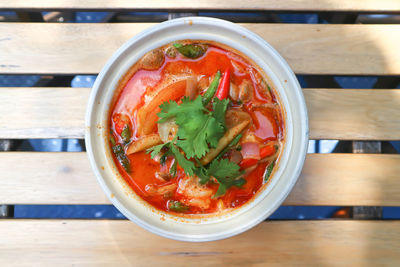 Directly above shot of soup in bowl on table