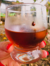 Close-up of beer glass on table