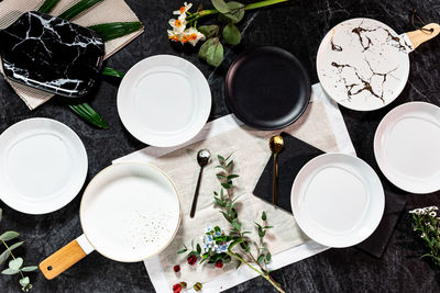 High angle view of tea served on table