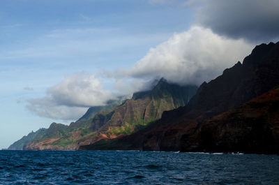 Scenic view of sea by mountains against sky