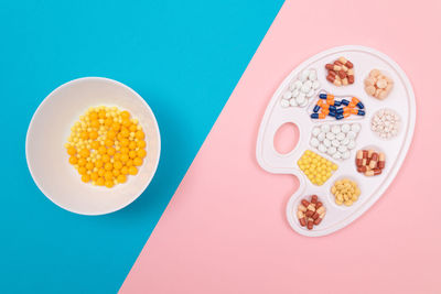 High angle view of breakfast served on table