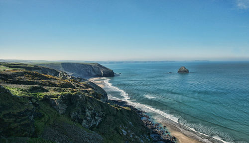 Scenic view of sea against clear blue sky