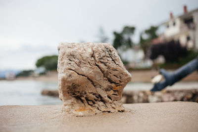 Close-up of rock on beach against sky