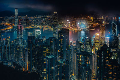 High angle view of illuminated buildings at night