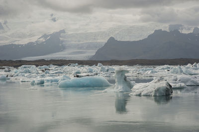 Scenic view of frozen lake against mountain range