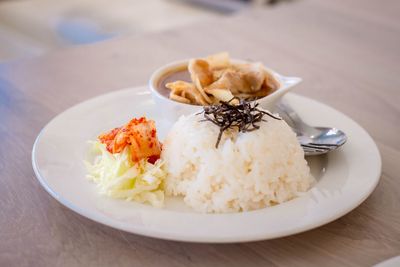 High angle view of food in plate on table